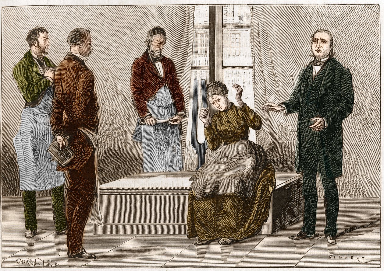 在声音的影响下产生的催眠症（Diapason）。法国神经学家Jean Martin Charcot（1825-1893）（右）在Salpetriere医院对一名病人进行催眠演示。插图取自《自然》1879年 作者 未知艺术家