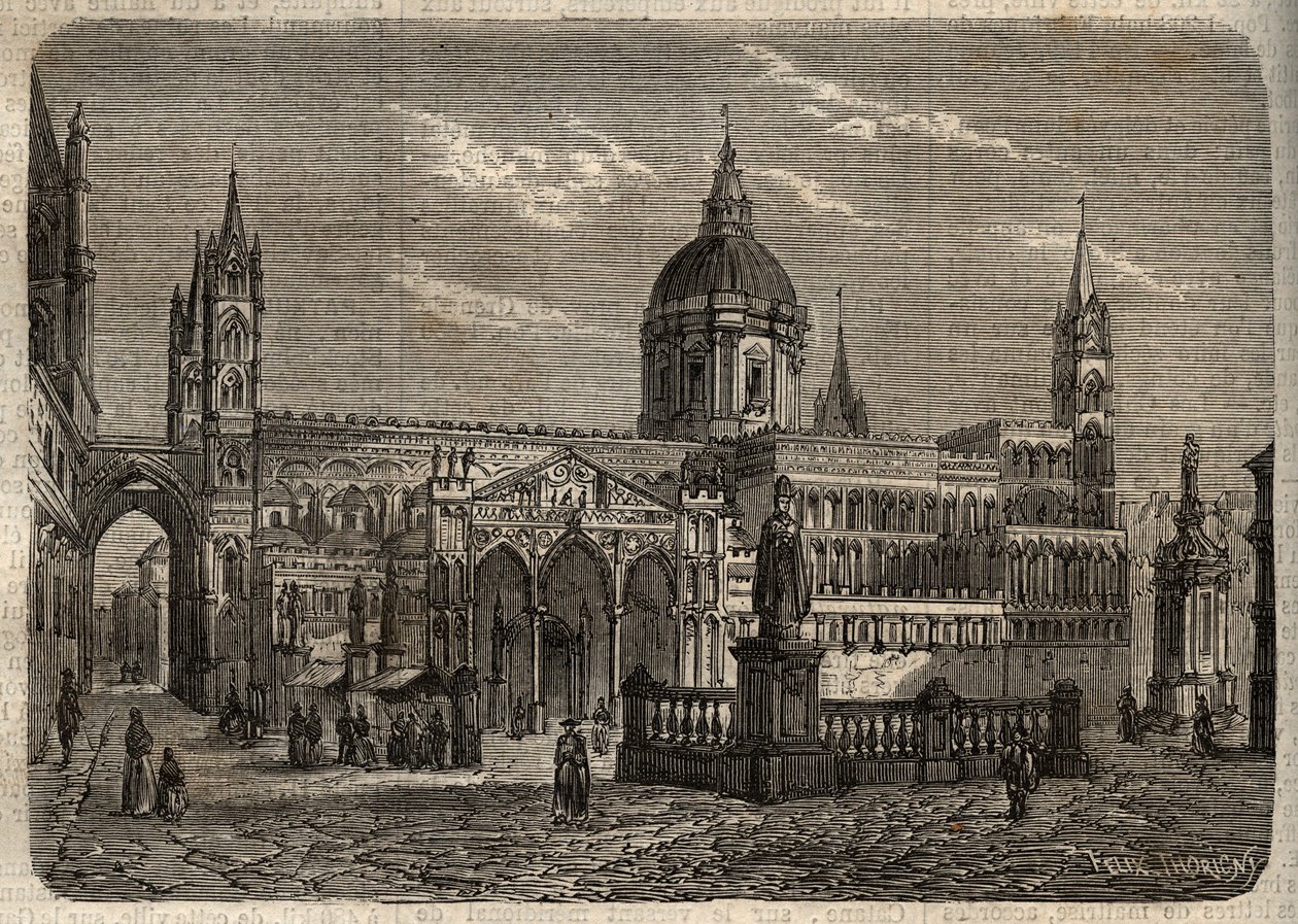 巴勒莫大教堂--Duomo di Palermo--巴勒莫大教堂--《名人词典》中的雕刻--1864年--Joseph Decembre和Edmond Allonier的作品。 作者 未知艺术家
