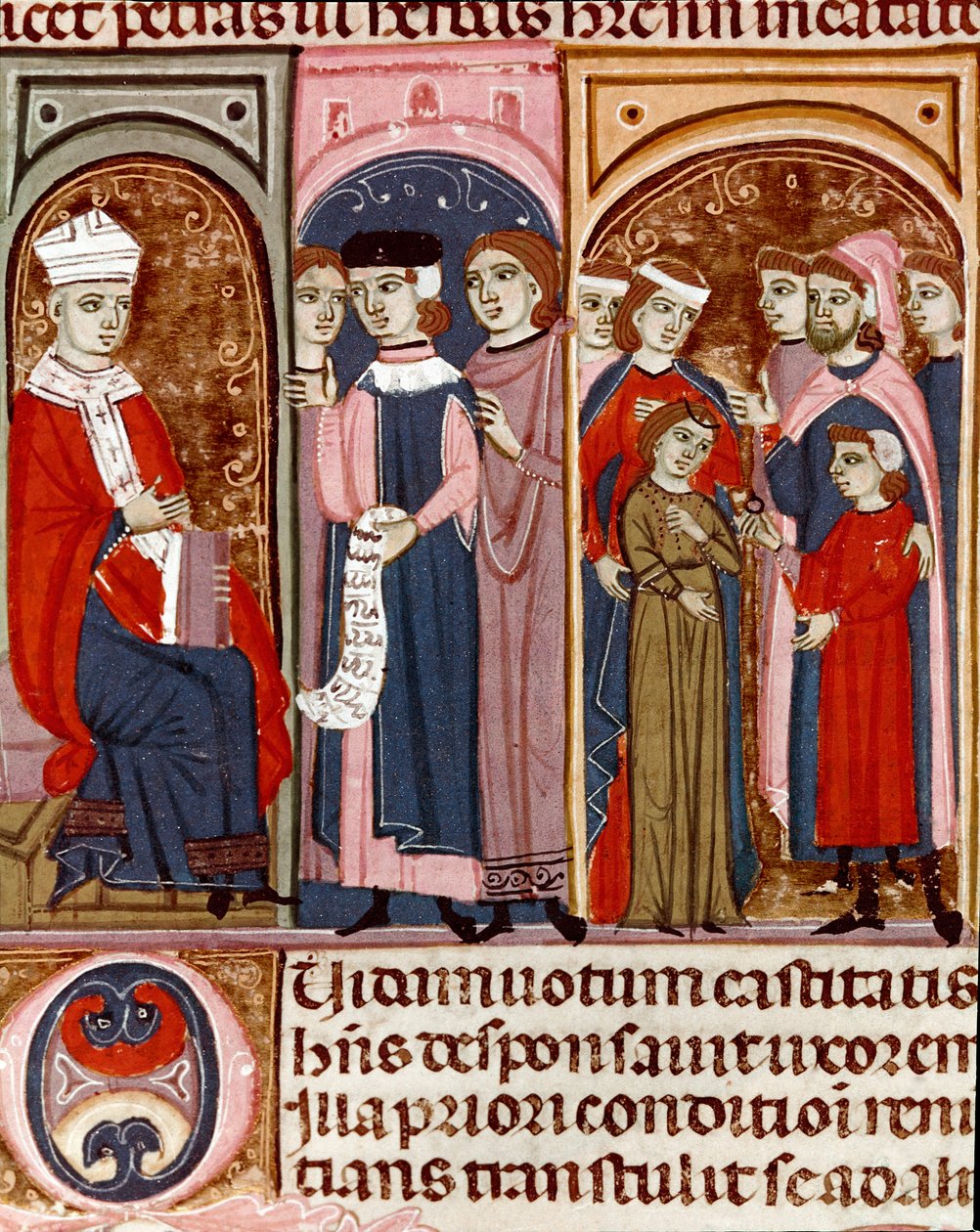 庆祝《查士丁尼法典》（Codex Justinianus）中的一个微型婚姻，这是罗马皇帝拜占庭查士丁尼一世（483-565）时期重新整理的法律和制度集。 作者 未知艺术家