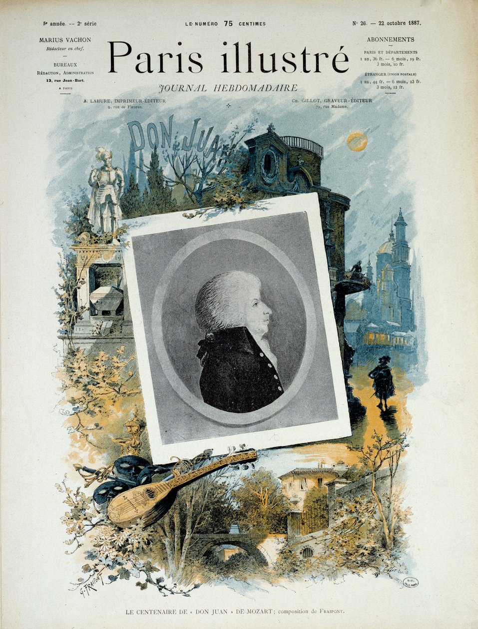 1787年莫扎特的《唐璜》（Don Giovanni）百年纪念。巴黎画报》第一页，1887年10月22日发行。巴黎，卡纳瓦莱博物馆。 作者 未知艺术家