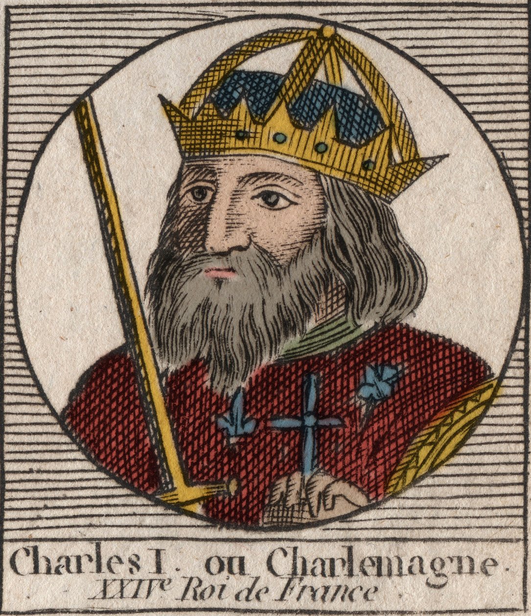 查理曼大帝（Carolus Magnus，查理大帝）（747-814）法兰克人的国王和西方的基督教皇帝--雕刻自Charles Constant Le Tellier 1821年的《法国历史教学》。 作者 未知艺术家