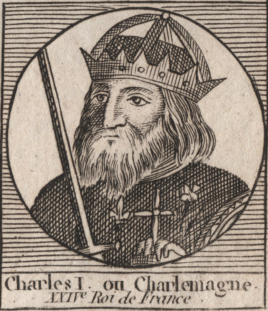 查理曼（Carolus Magnus，查理大帝）（747-814）法兰克人的国王和西方的基督教皇帝--雕刻自Charles Constant Le Tellier的《法国历史教学》，1821年 作者 未知艺术家