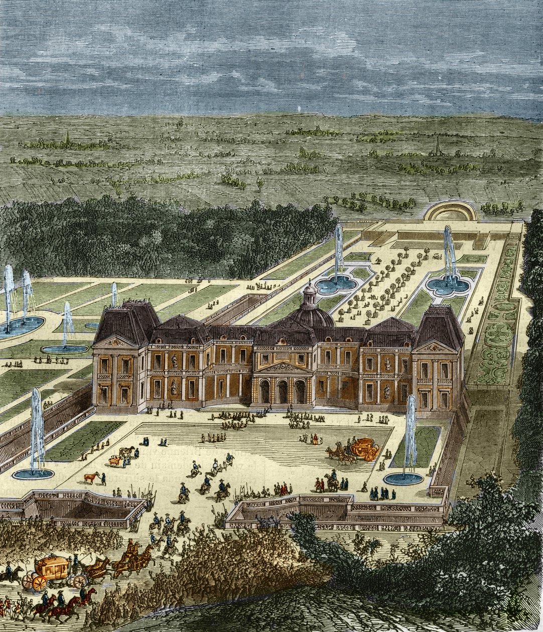 国王路易十四时期的沃克斯-勒维松特城堡（Vaux-Le-Vicomte）。19世纪的雕版画。 作者 未知艺术家