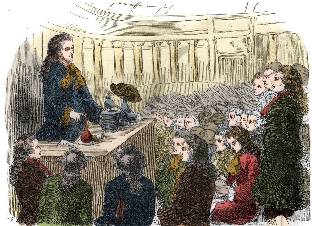1744年法国化学家Guillaume-Francois (Guillaume Francois) Rouelle（1703-1770）在科学院的化学课程。1861年的雕版画。 作者 未知艺术家