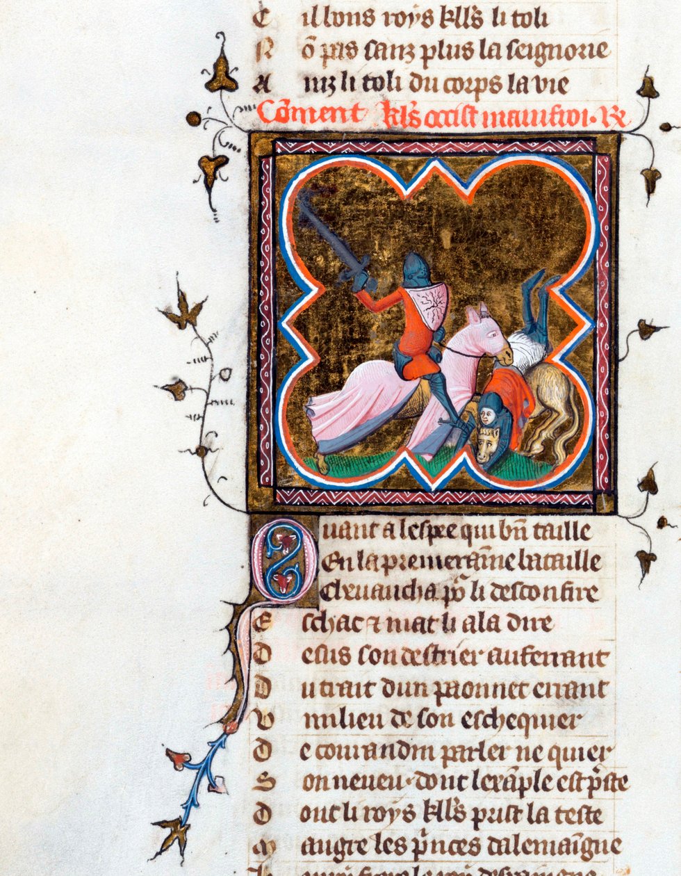 "铠甲骑士 "插图页，出自纪尧姆-德-洛里斯（Guillaume de Lorris，约 1200-1238 年）和让-德-莫恩（Jean de Meun，Meung，1240-1305 年）的手稿 "Le Roman de la Rose"，约 1353 年 瑞士日内瓦图书馆 作者 未知艺术家