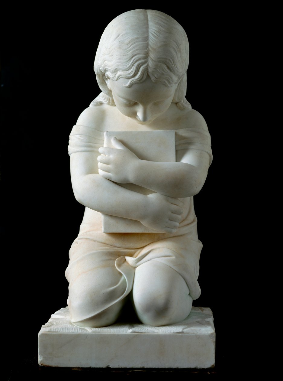 孩子跪在他的怀里抱着一本书 来自 Odon di Savoia 王子收藏的 19 世纪匿名大理石雕塑。 暗淡。 63x30x30 厘米基因，现代艺术画廊，自售。 1274 作者 未知艺术家