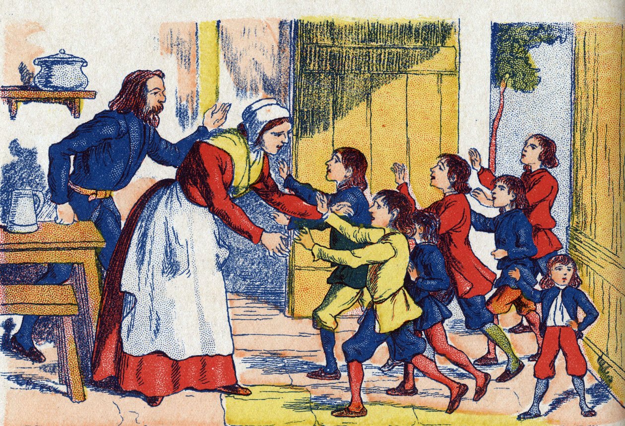 儿童归来》，"Le Pepetit poucet "的插图，法国作家Charles Perrault（1628-1703）的故事。匿名插图。意象 Marcel Vagne，Jarville Nancy，无日期（19世纪末）。 作者 未知艺术家
