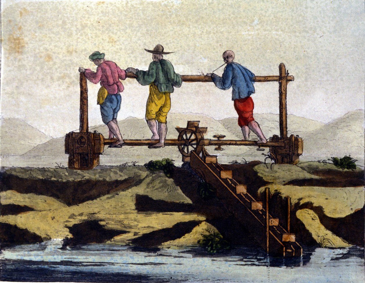 China. Water irrigation system for rice cultivation. 19th century print. 作者 未知艺术家