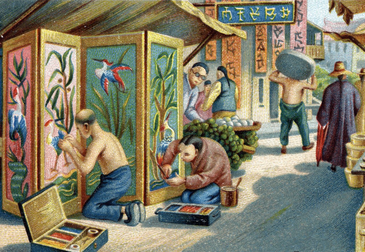 在街上工作的中国梅花匠：他们用针和羽毛制作面板或屏幕。19世纪的彩色石版画 作者 未知艺术家