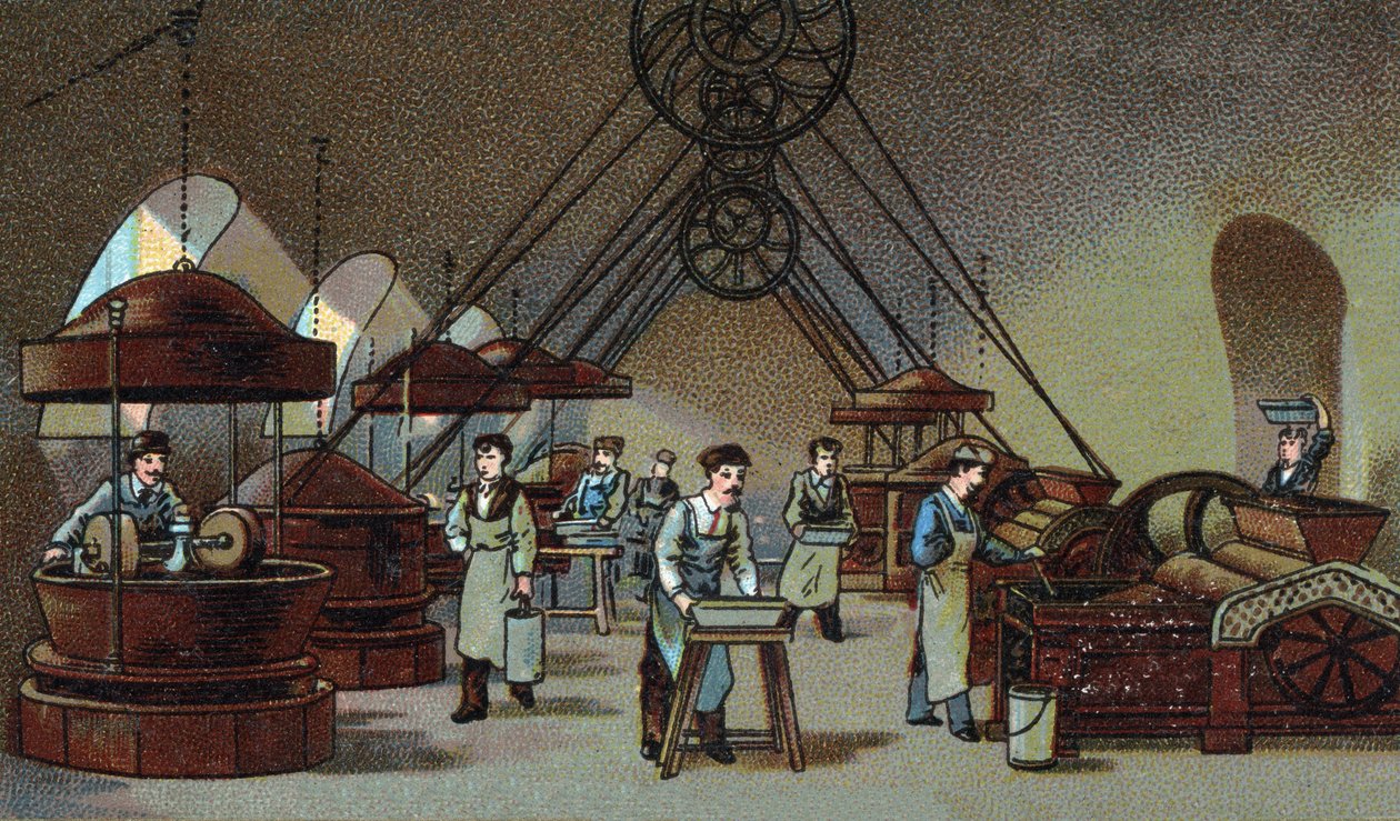 巧克力制造：研磨车间。19世纪末的彩色石版画 作者 未知艺术家