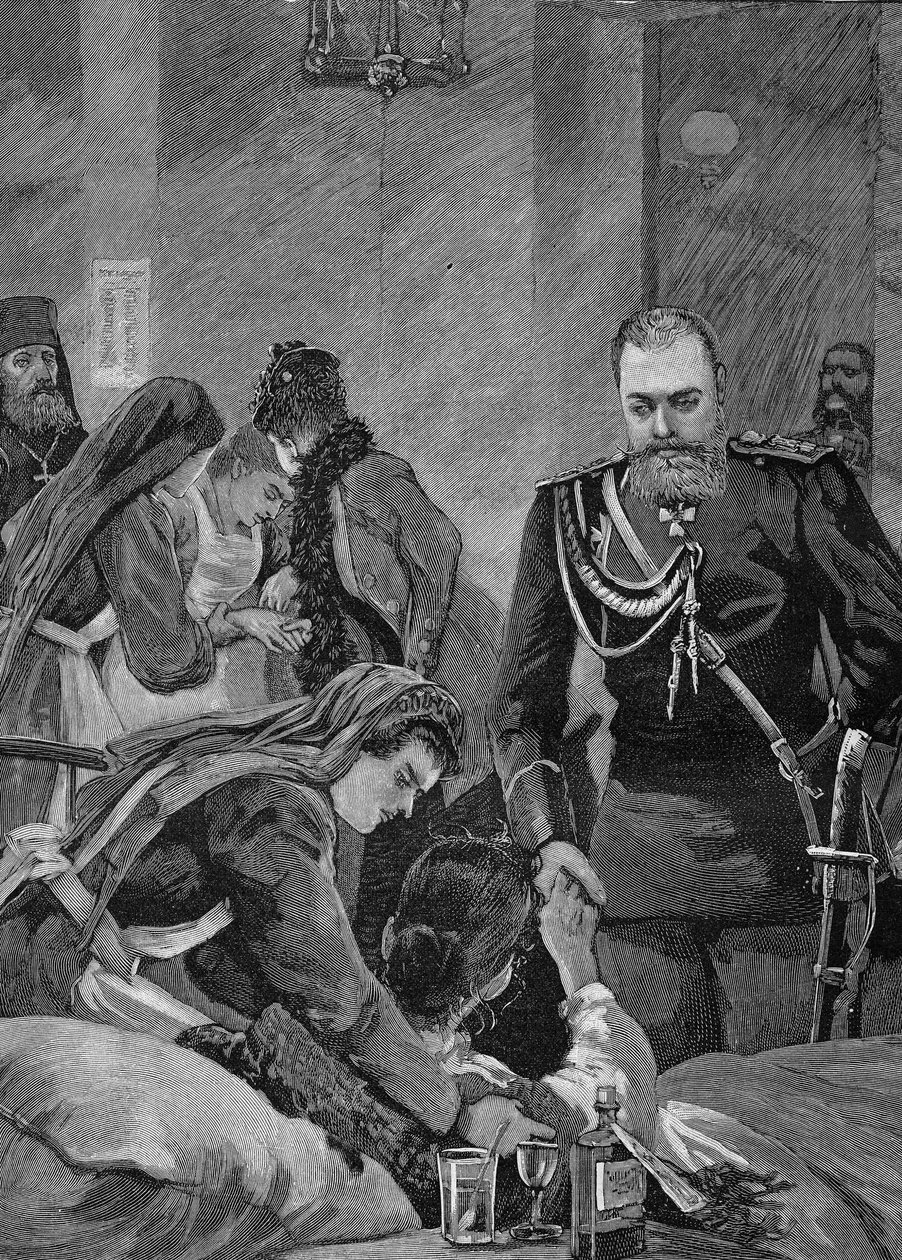 1892年俄罗斯的霍乱：俄罗斯皇帝亚历山大三世和他的妻子玛丽亚-费奥多罗夫娜，俄罗斯皇帝访问医院。1892年的版画。 作者 未知艺术家