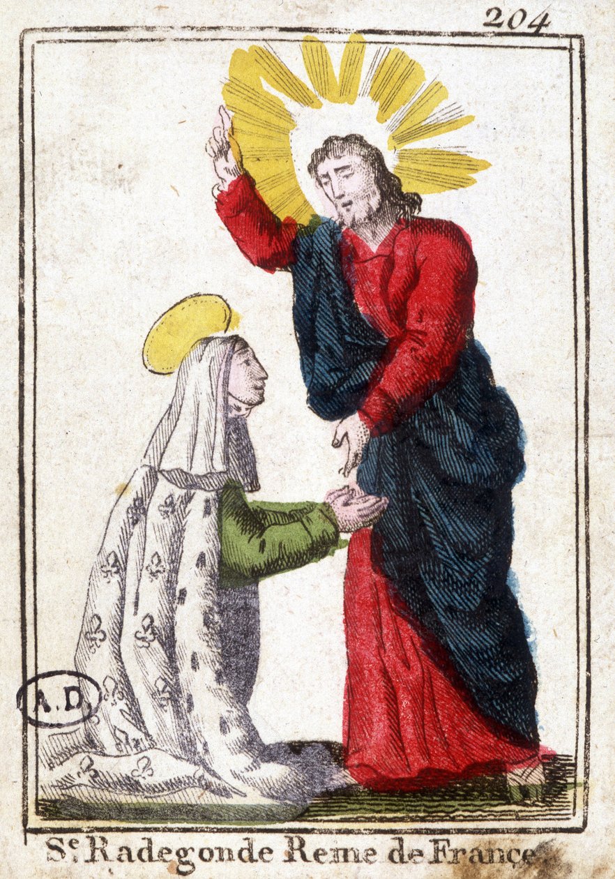 基督和圣拉德贡德（约520-587），法国女王，克洛泰尔（Clothaire）一世的妻子。 虔诚的形象。19世纪初的雕版画。巴黎装饰艺术图书馆。 作者 未知艺术家
