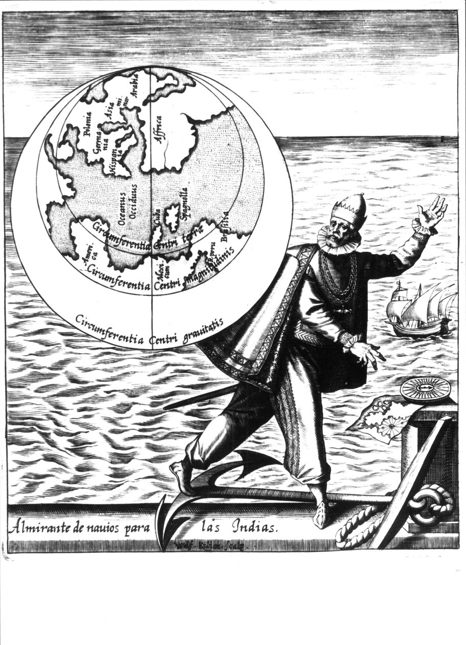 克里斯托弗-哥伦布--在Philoponus Honorius的《Nova Tipus Transacto Navigatio Novi Orbi》中。 作者 未知艺术家