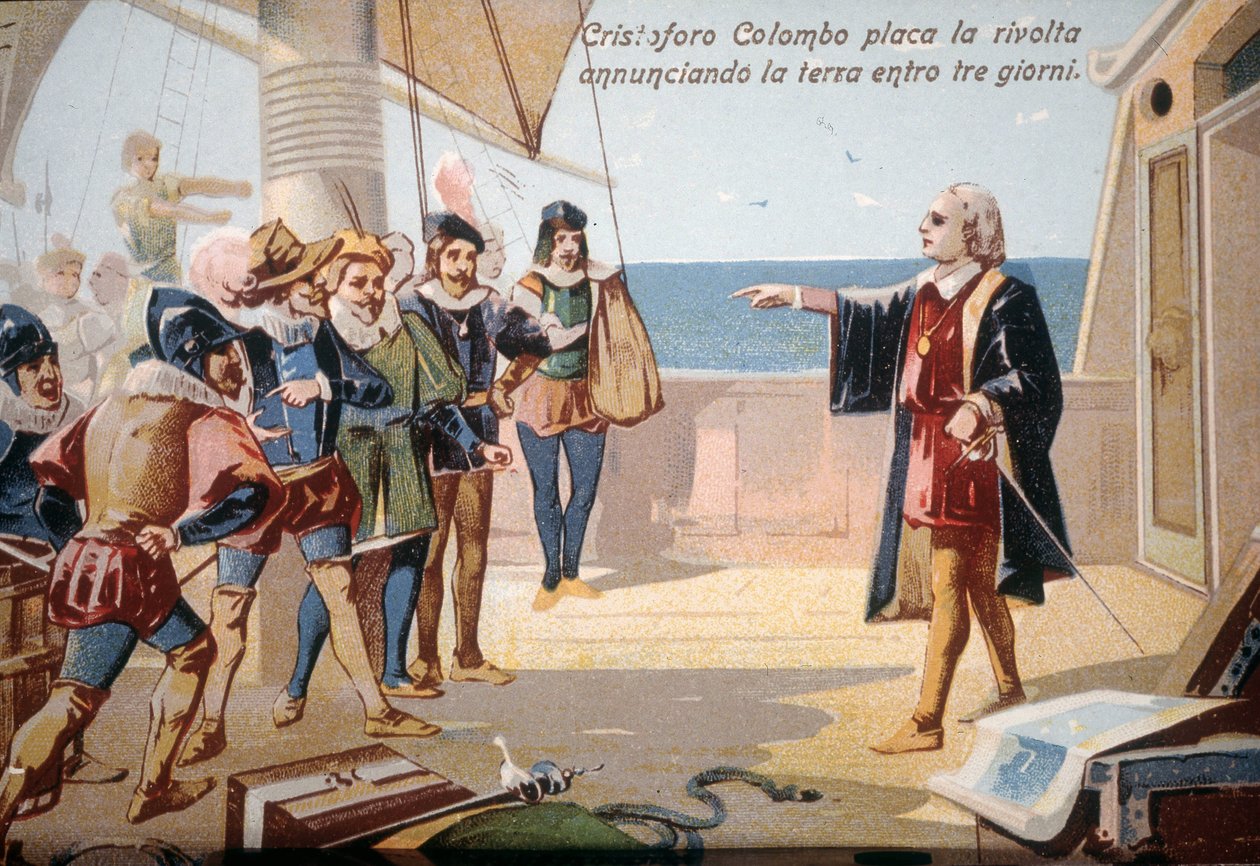 克里斯托弗·哥伦布（Christopher Columbus）在三天内宣布了这片土地，从而阻止了船员的反抗。 19 世纪彩色石版画。 作者 未知艺术家