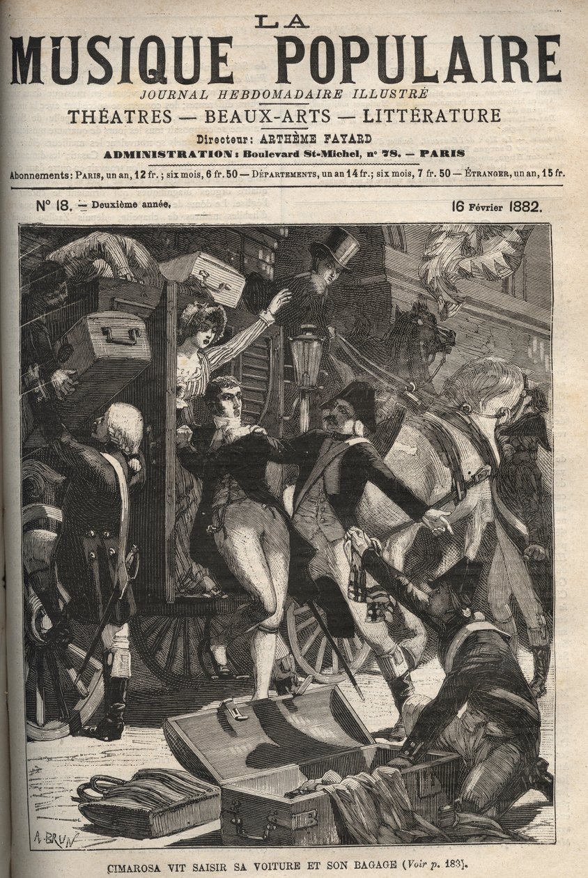 西马罗萨看到他的汽车和行李被扣押多梅尼科-西马罗萨（1749-1801），18世纪的意大利作曲家。"大众音乐 "杰出周报上的版画 - 1882年 作者 未知艺术家