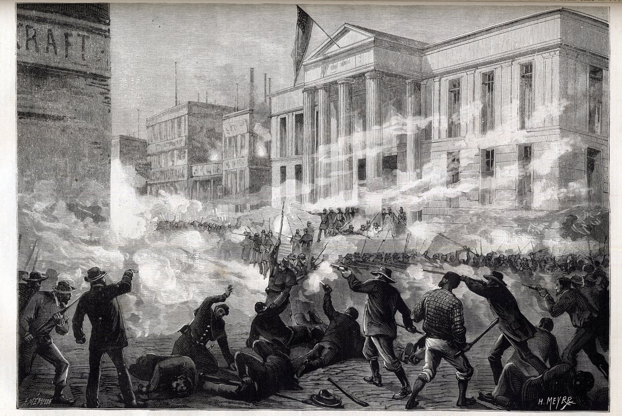 1884年辛辛那提法院骚乱--1884年3月28日，在一场臭名昭著的谋杀案审判后，陪审团做出过失杀人的判决后开始骚乱。 作者 未知艺术家