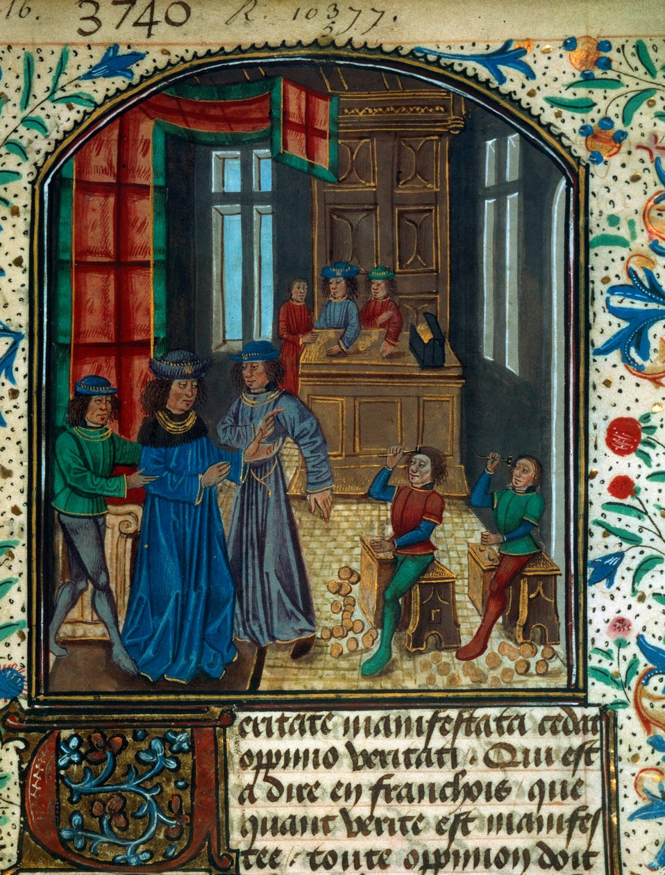 中世纪的硬币铸造。 Nicolas Oresme (1320-1382) 草稿的缩影。 15 世纪 B.N. 巴黎 作者 未知艺术家