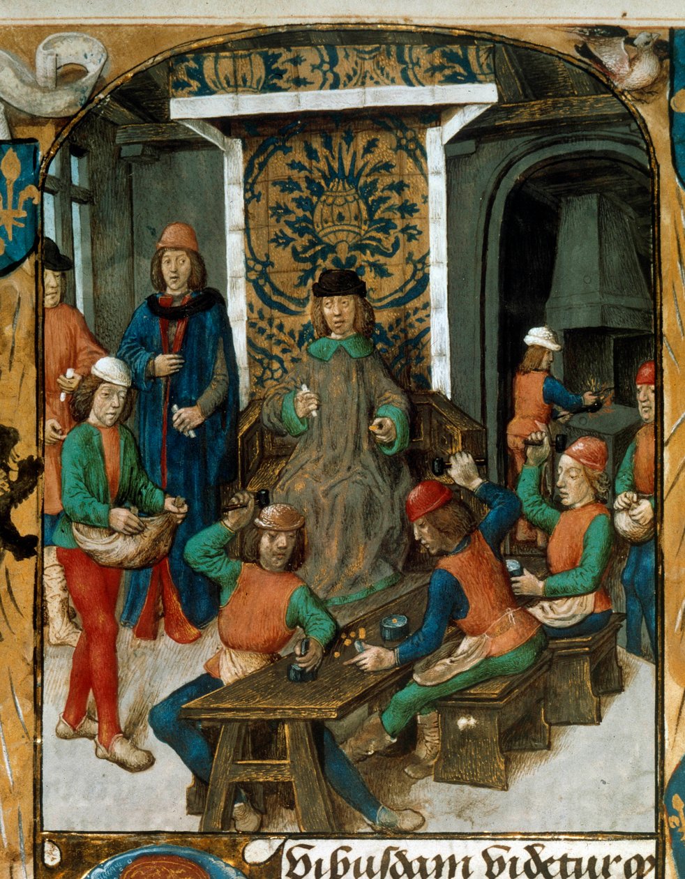 Coin minting in the Middle Ages. Miniature from a draft on currency (probably De Moneta) by Nicolas Oresme (1320-1382). 14th century B.N. Paris 作者 未知艺术家