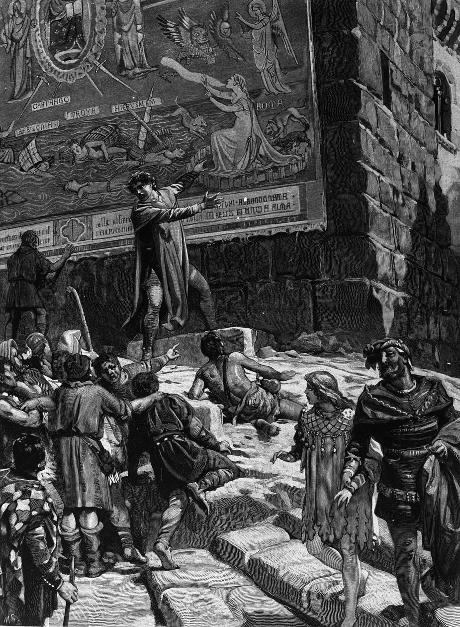 Cola di Rienzo（1314-1354）在成为罗马人民的护卫官的运动中，向罗马人民解释了他在国会大厦安装的壁画，象征着罗马在耶路撒冷特洛伊包围的 dechainee 海中的痛苦， 迦太基和巴 作者 未知艺术家