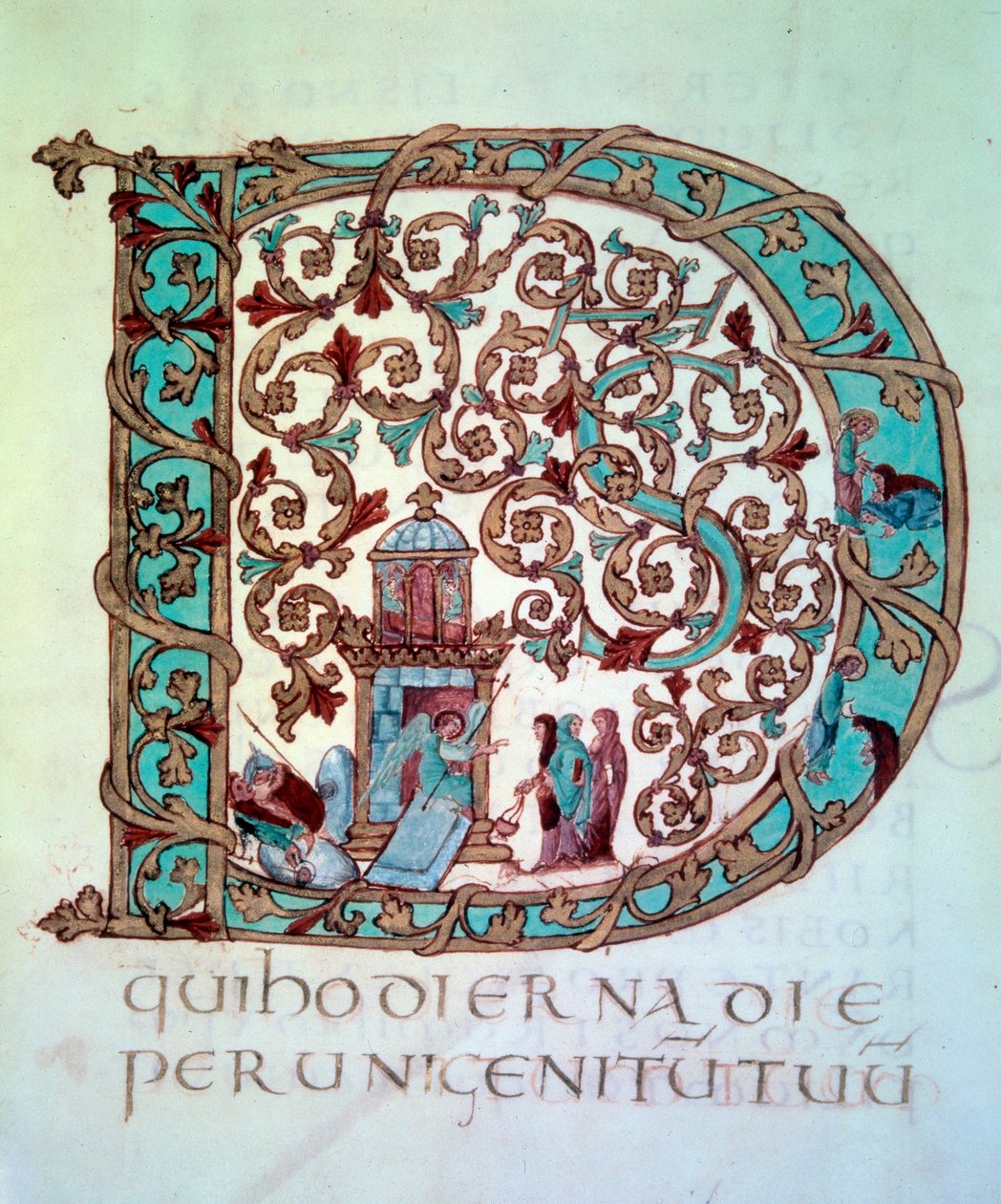 复活节收藏：大首字母（字母） D 华丽和历史（坟墓中的圣女）。 845-855 年梅斯大教堂的特雷索手稿“卓耿圣礼”的缩影（第 58 对开本）。 BN，巴黎。 作者 未知艺术家