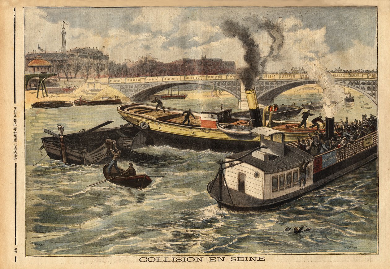 Collision on the Seine between an English steamboat and an omnibus peniche of Paris, at the height of the royal bridge. Engraving in “” Le petit journal”” 7/02/1897. Selva Collection. 作者 未知艺术家