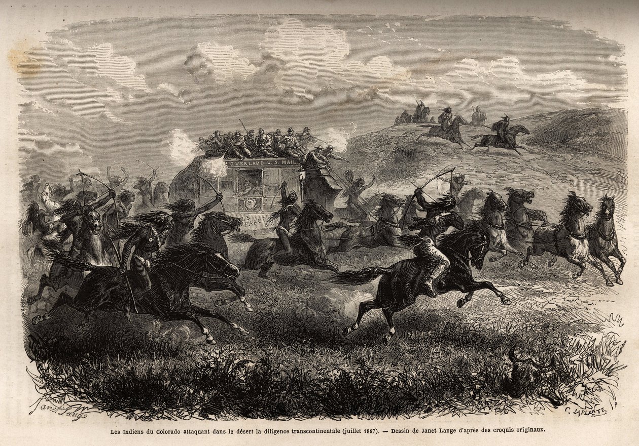 科罗拉多印第安人于 1867 年 7 月在沙漠中攻击横贯大陆的勤奋。为插图 le voyage au far west americain，M. L. Simonin 于 1867 年出版，发表于“Le tour du monde, nouveau journal des voyages”，Edouard Chart 编辑 作者 未知艺术家