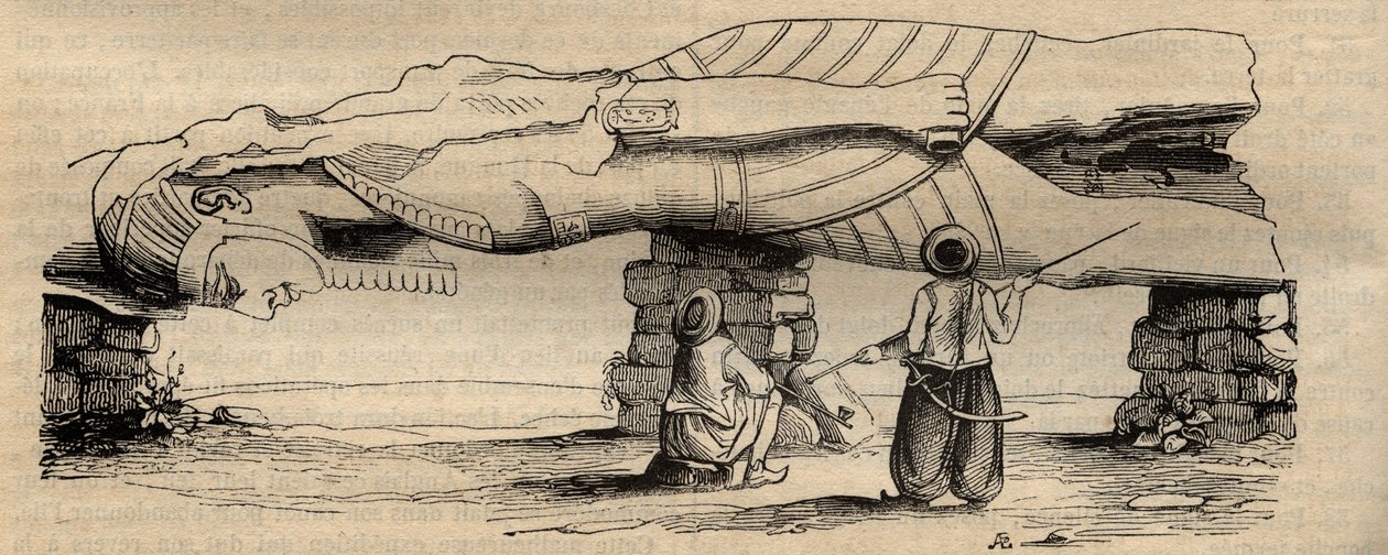 拉美西斯二世巨像于1820年被意大利旅行家乔瓦尼-巴蒂斯塔-卡维利亚发现，位于约30米外的普塔神庙南门附近--1838年的雕刻--乔瓦尼-巴蒂斯塔1820年发现的拉美西斯二世雕像。 作者 未知艺术家