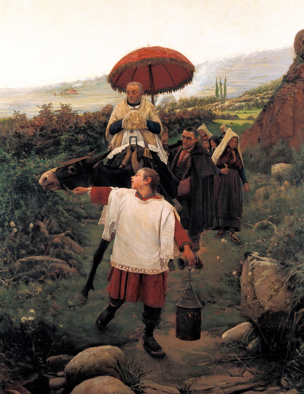 “《山中结合》”《山中宗教团》。 Mariano VAYREDA VILA (1853-1903) 的绘画。 西班牙，奥洛特。 Garrotxa 地区博物馆。 作者 未知艺术家