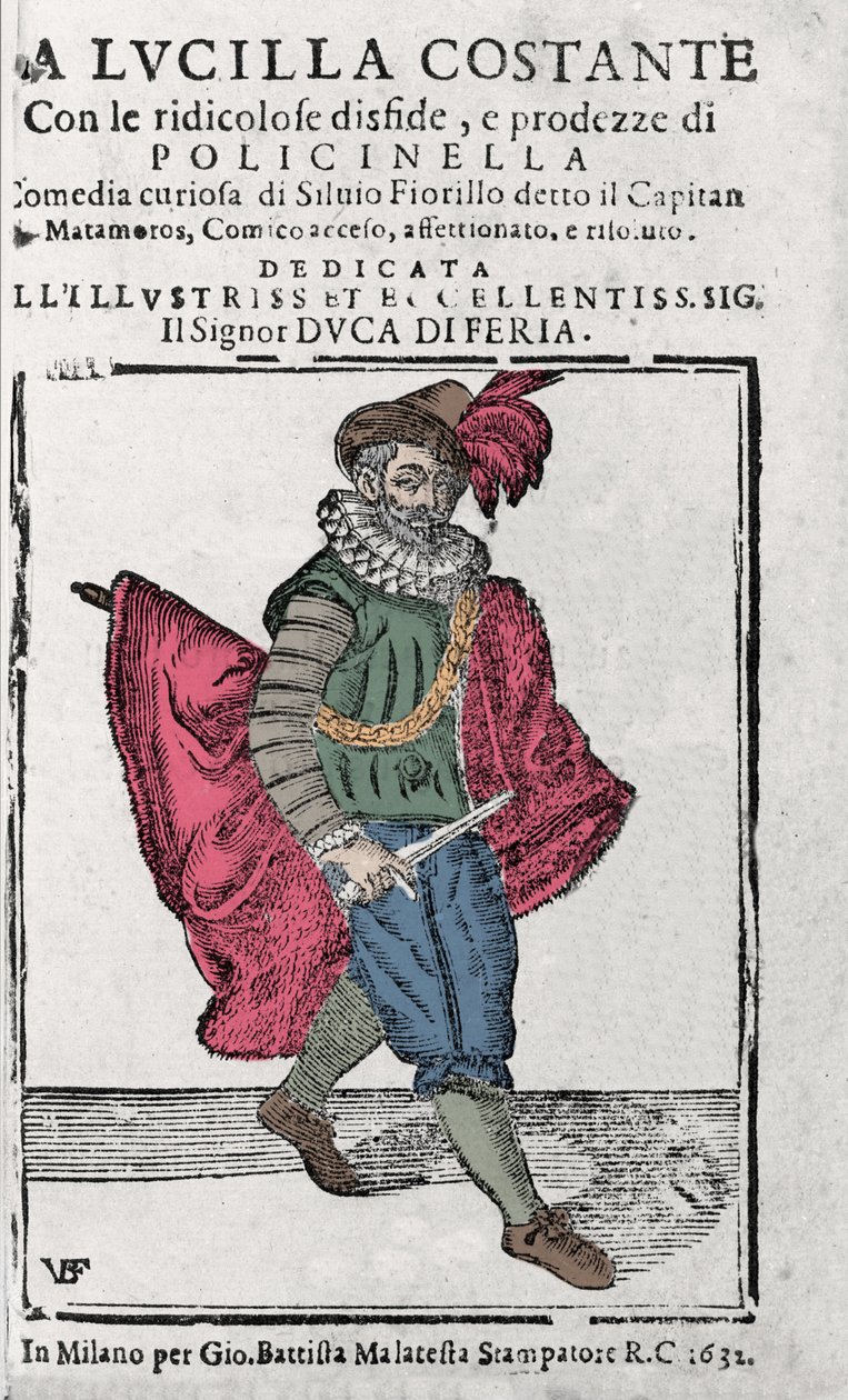 艺术喜剧：西尔维奥·菲奥里洛（Silvio Fiorillo）饰演马塔莫尔船长（Capitano Matamoros），米兰 1632。 作者 未知艺术家