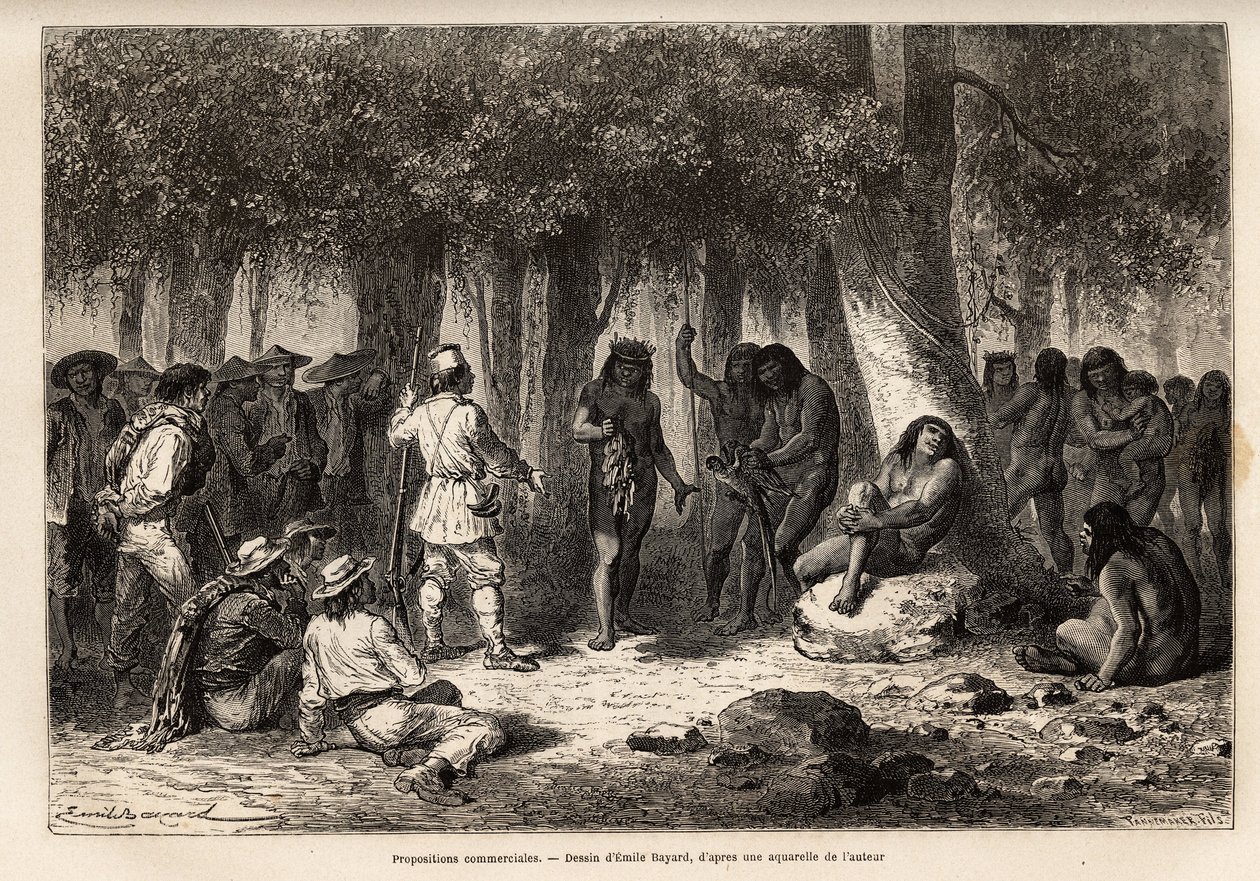 Commercial proposals between the Siriniris Indians and the members of the expedition, oganization of the exchange of knives and needles for feathers of birds strung on a sprig of vine and aras, in the village of Huatinmio, located in the heights of the Car 作者 未知艺术家