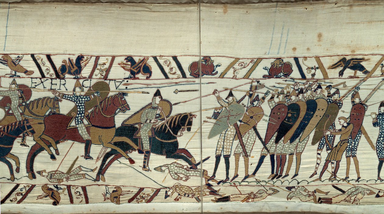 征服者威廉 (1027-1087) 在 1066 年征服英格兰，诺曼骑兵之间的战斗场景装载英格兰国王哈罗德二世的撒克逊步兵贝叶挂毯细节或玛蒂尔德女王的刺绣 作者 未知艺术家