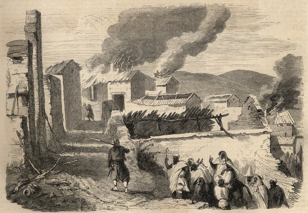 阿尔及利亚之战：1857年对大卡比利亚的远征。贝尼-延尼（Beni-Yenni）的呈文，是根据第一苏维埃的营长阿梅勒先生的画作。1857年 "Le Monde illustrious "中的雕刻。私人收藏。 作者 未知艺术家