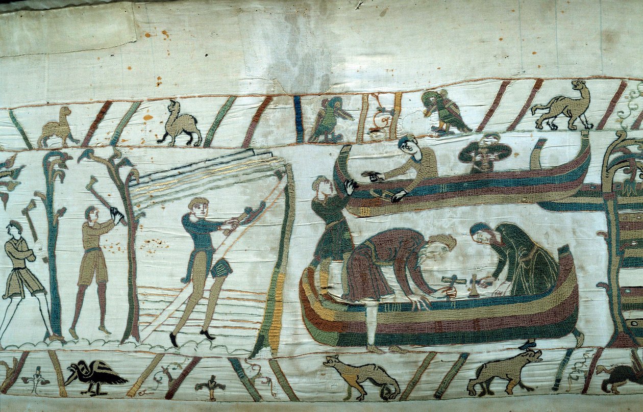 诺曼底公爵征服英格兰的征服者威廉 (1027-1087)：诺曼舰队的建造 贝叶挂毯的细节或玛蒂尔德王后的刺绣 作者 未知艺术家
