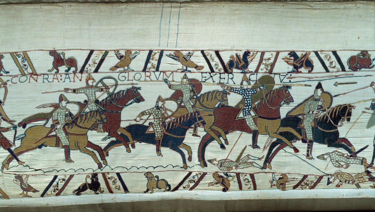 1066 年诺曼底公爵征服英格兰的征服者威廉 (1027-1087)：诺曼骑兵在黑斯廷斯战役中冲锋 贝叶挂毯细节或玛蒂尔德王后刺绣 作者 未知艺术家