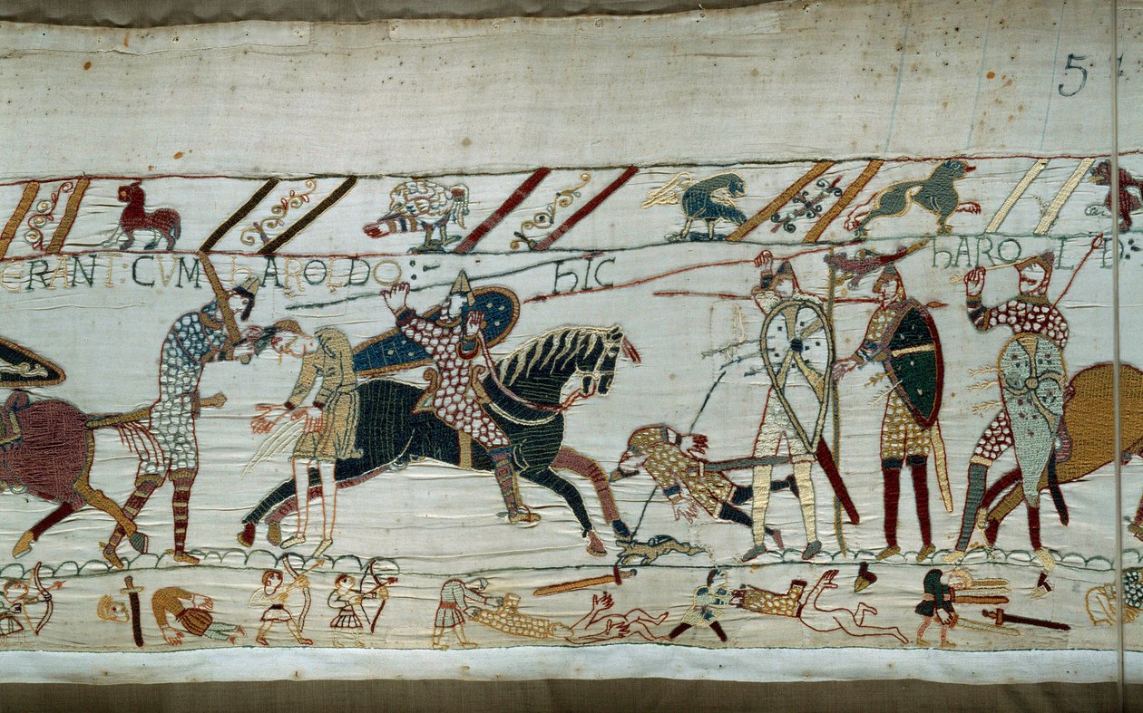 诺曼底公爵征服英格兰的征服者威廉 (1027-1087) 于 1066 年：诺曼人屠杀了撒克逊军队，哈罗德国王被眼睛中的箭射中 贝叶挂毯的细节或玛蒂尔德王后的刺绣 作者 未知艺术家