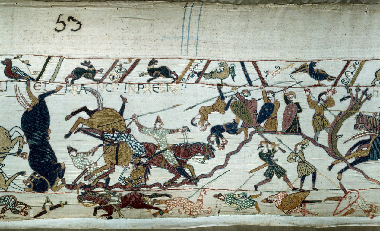诺曼底公爵征服者威廉 (1027-1087) 于 1066 年征服英格兰：黑斯廷斯之战 贝叶挂毯细节或玛蒂尔德王后刺绣 作者 未知艺术家