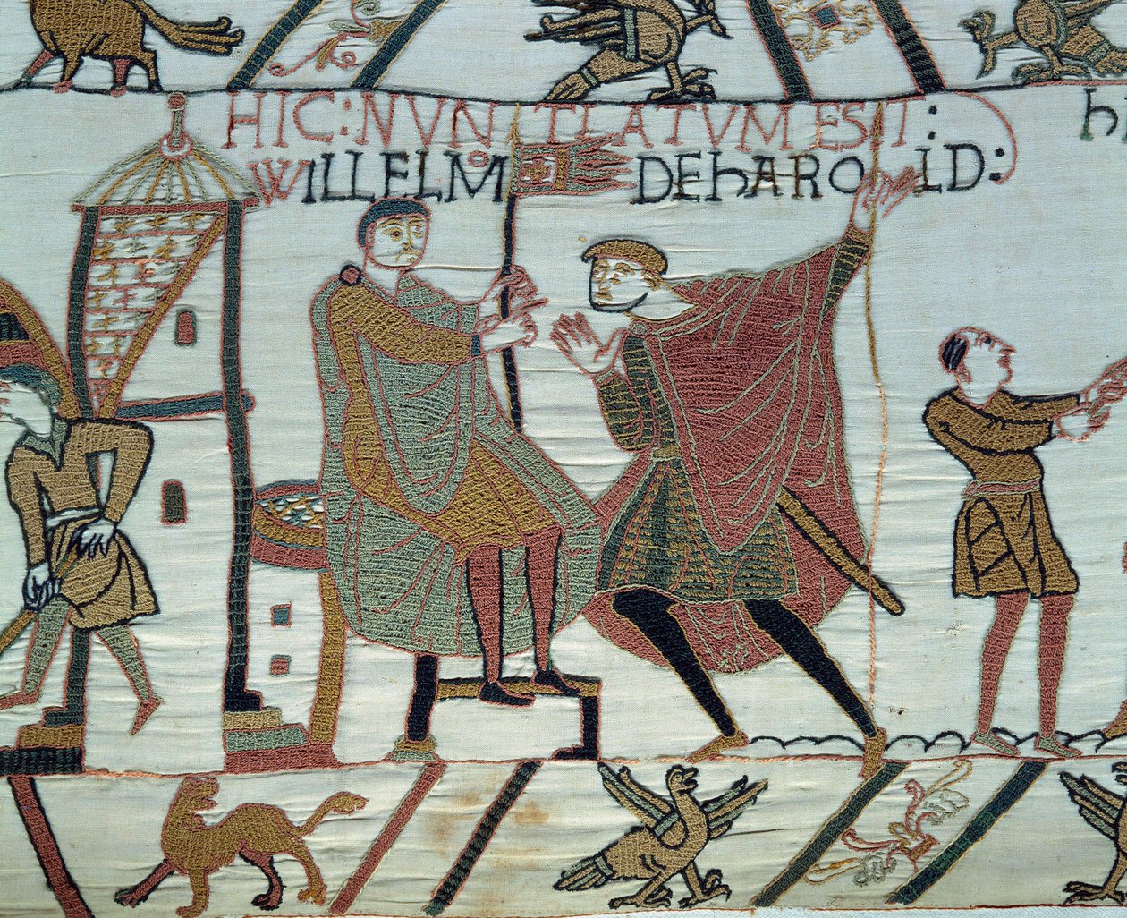 1066年诺曼底公爵征服者威廉（1027-1087）对英格兰的征服：一个望风者向威廉报告了哈罗德二世在黑斯廷斯战役中的事实。 贝叶挂毯或玛蒂尔德女王刺绣的细节 作者 未知艺术家