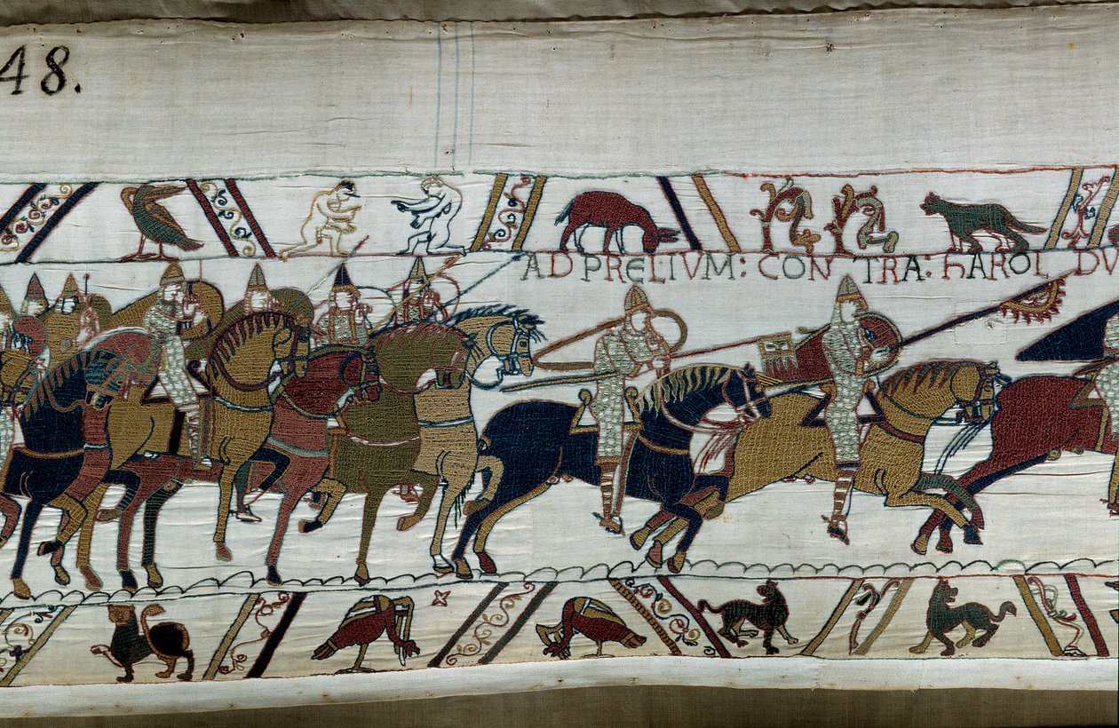 1066年诺曼公爵威廉-征服者（1027-1087）对英格兰的征服：他的军队向哈罗德二世在黑斯廷斯的军队进发 左侧底部，两个裸体男人 巴耶挂毯或玛蒂尔德女王刺绣的细节 作者 未知艺术家