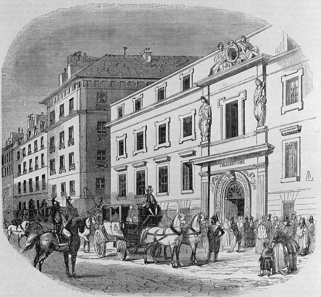巴黎 rue du Faubourg Poissonniere 音乐学院：音乐会入场。 1860 年的雕刻 作者 未知艺术家