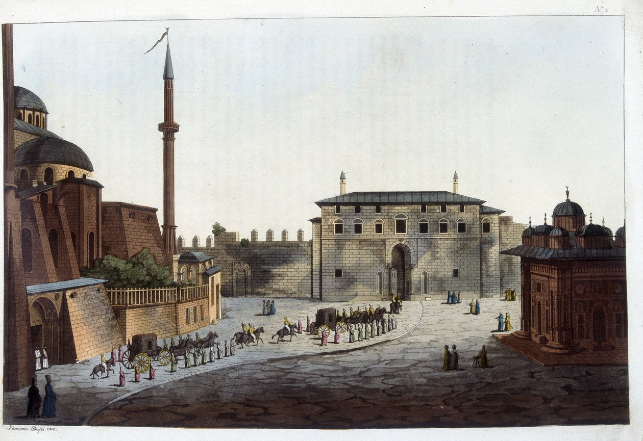 君士坦丁堡：Serail 的门。 除了与前任住在一起的人之外，索利曼大帝是第一个将他的整个庭院和后宫带到那里的人。 在“” Le服装古代与现代 作者 未知艺术家