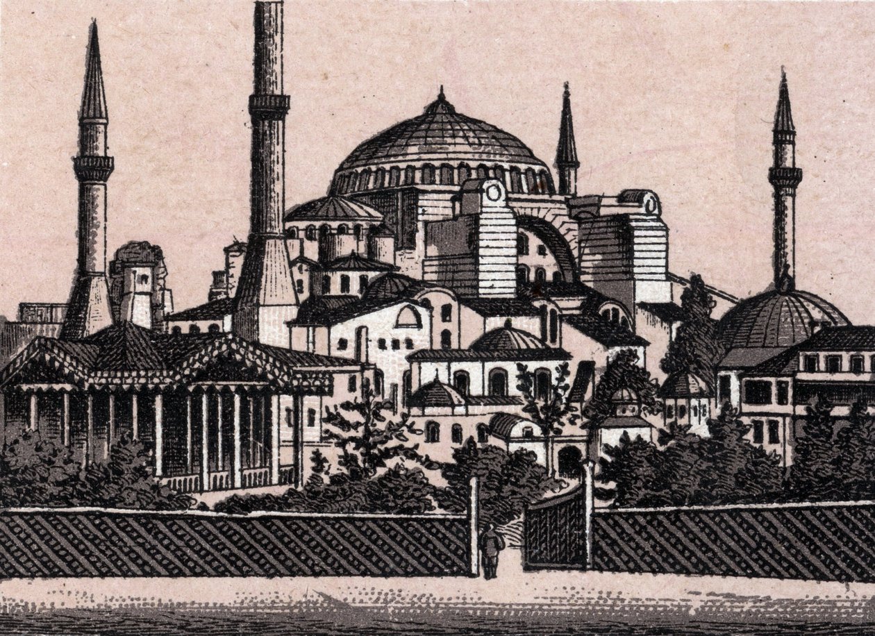 土耳其君士坦丁堡：圣索菲亚清真寺（Hagia Sophia或Haghia Sophia）的景色。载于《世界图解168景》无日期（19世纪末）。 作者 未知艺术家
