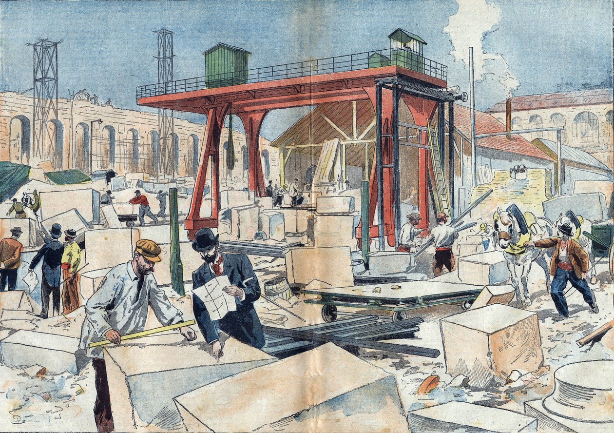 1898年巴黎大皇宫的建设，是在1900年世界博览会之际进行的。中间是用于切割切石的钻石轮。7月3日《Le Pelerin》杂志的插图 作者 未知艺术家