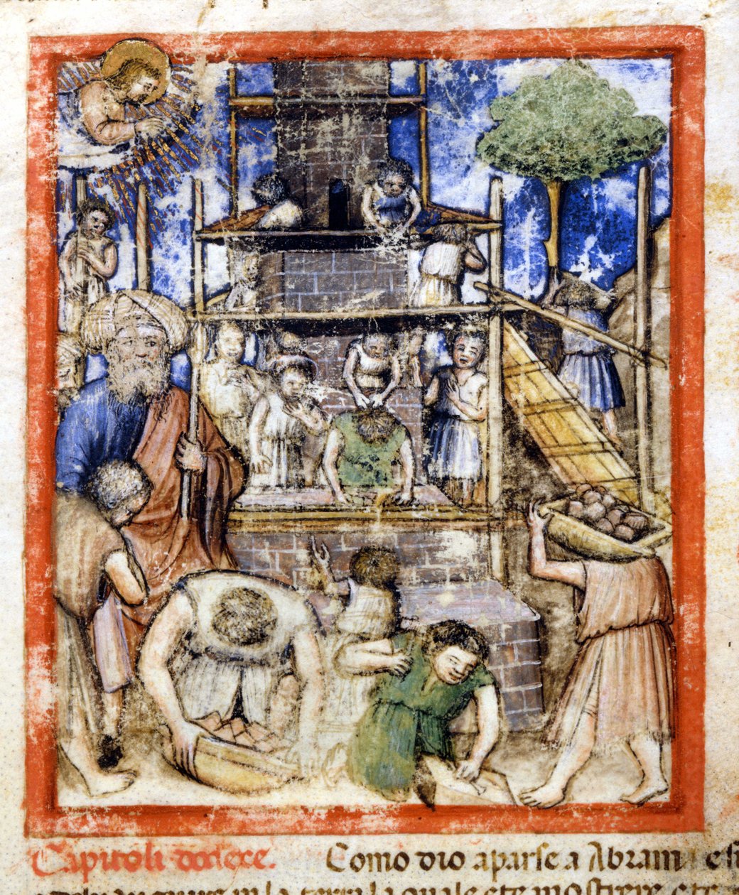 建造巴别塔。 抄本 212（或帕多瓦诺抄本或帕多瓦圣经）1390-1400 年 Rovigo，Accademia dei Concordi 的缩影 作者 未知艺术家
