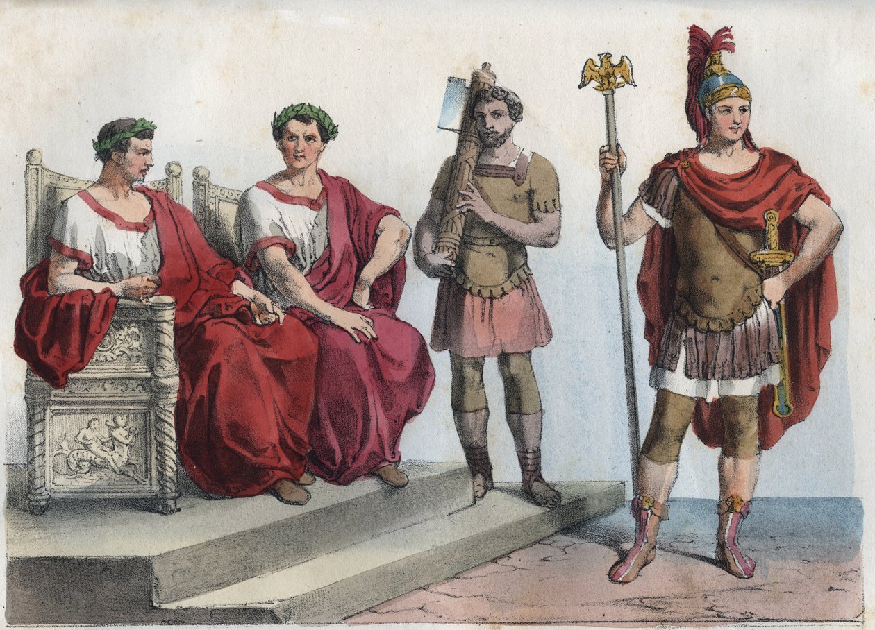 古罗马的执政官和执法者--来自 "Usi e Costumi di Tutti i Popoli dell Universo "的雕版画。或各国政府、法律、民兵、宗教的历史，从最遥远的时代到今天" 1856年 作者 未知艺术家