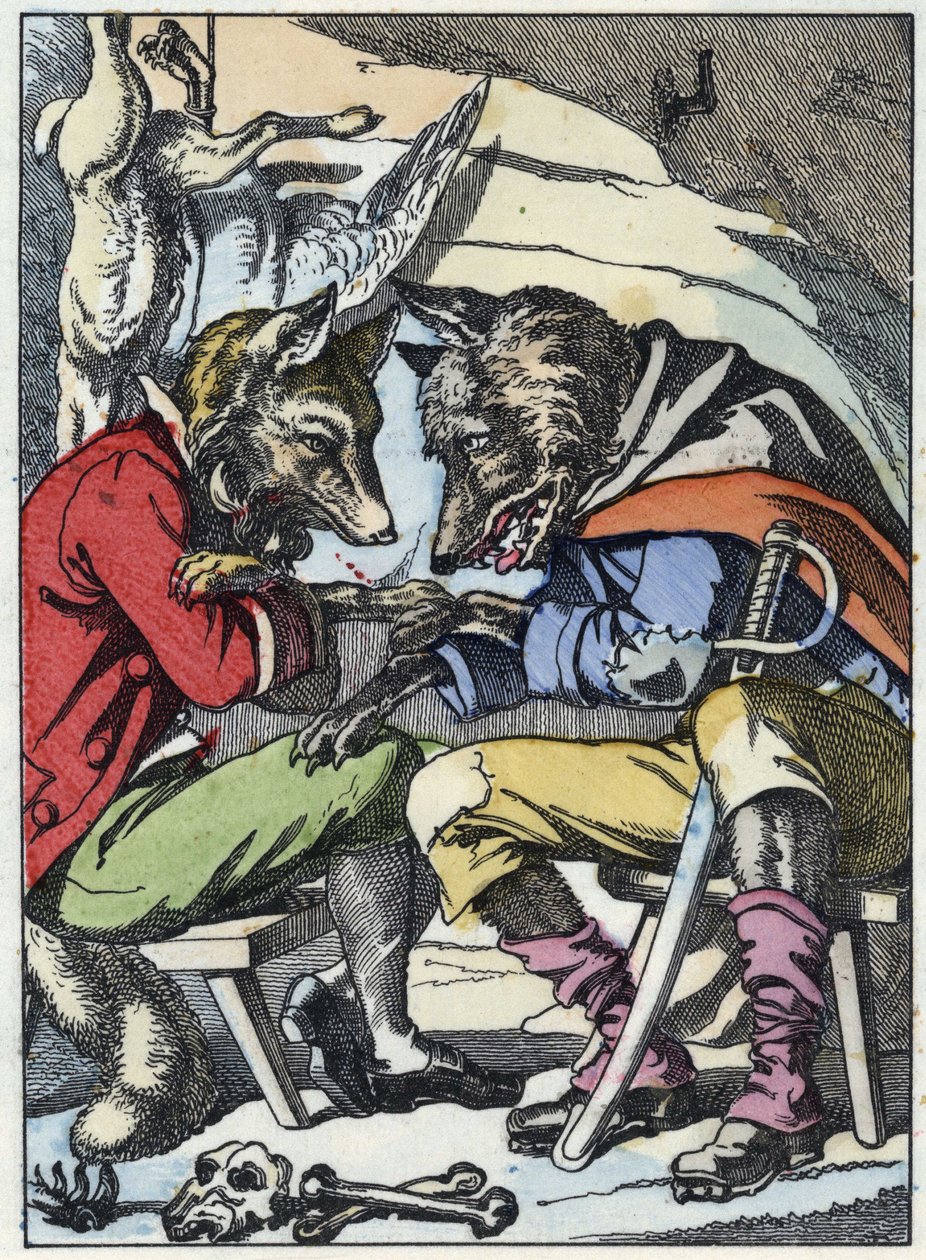 狼和狐狸之间的对话。根据Jean de la Fontaine的寓言故事 "Compere le Loup, Maitre Renard, Comere la Chevre et ses petits biquets "的插图。载于《小家伙们的家庭故事》。佚名雕版画 作者 未知艺术家