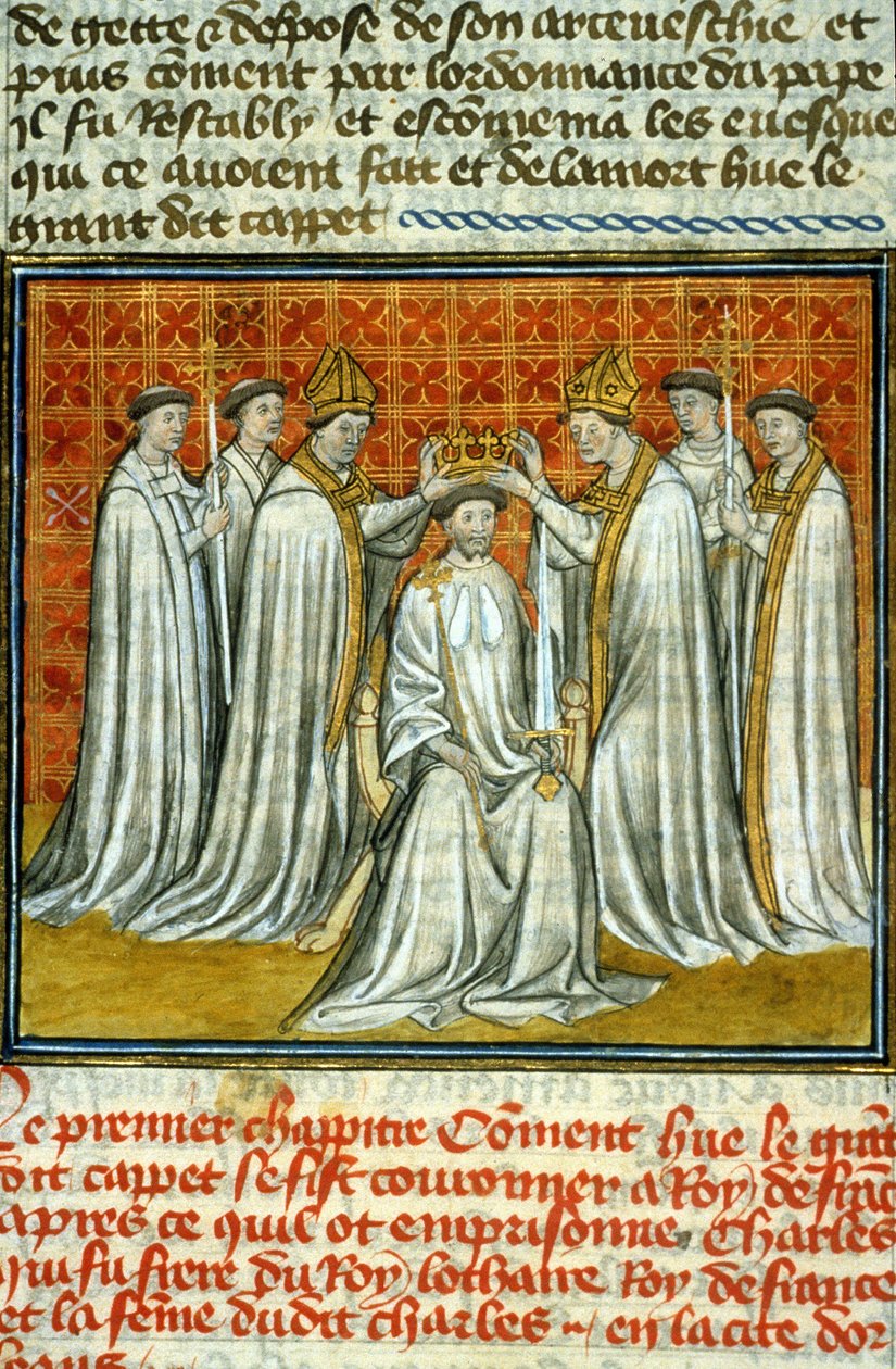 Coronation of Hugues Capet (987) by Adalberon (ca. 925-990), Archbishop of Reims - Illumination of manuscript on veline of the Middle Ages “” Great Chronicles of Saint-Denis”” late 14th century (ref.512 作者 未知艺术家