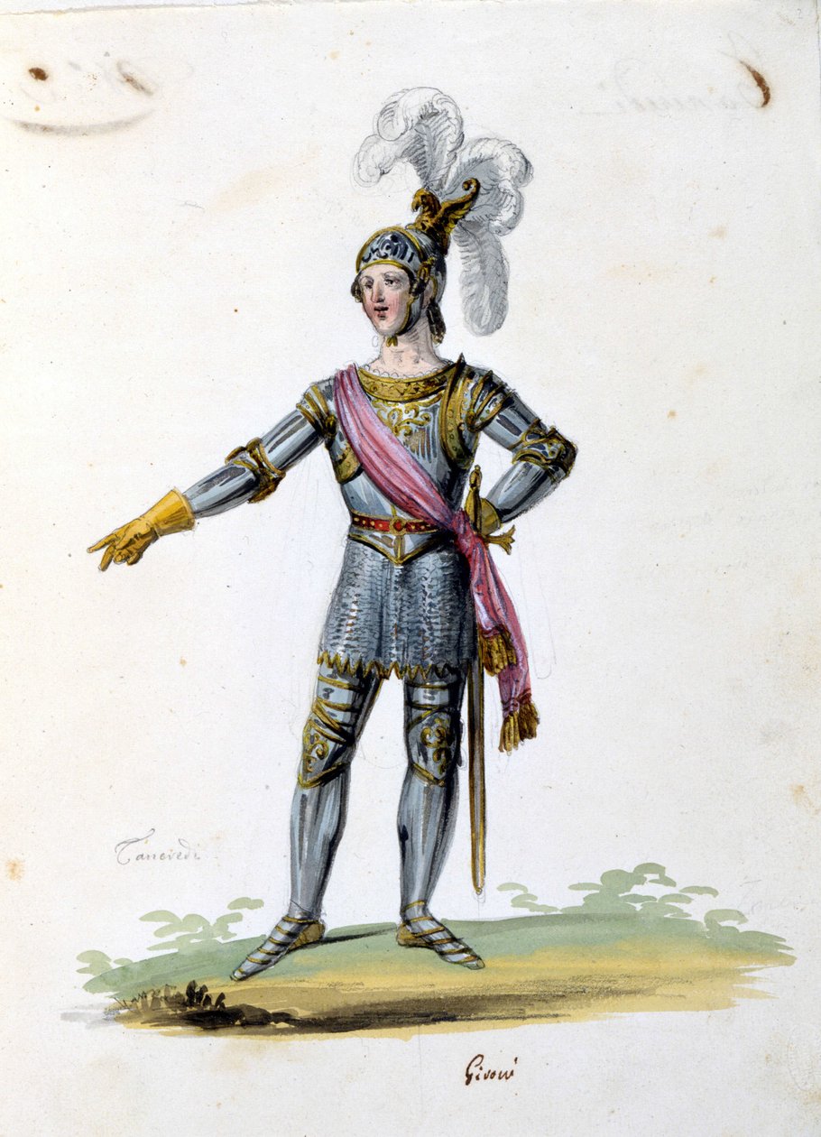 吉罗尼为焦阿奇诺·罗西尼 (Gioacchino Rossini) 的歌剧“坦克雷迪”(Tancrede) 绘制的坦克雷德角色服装。 1813 作者 未知艺术家