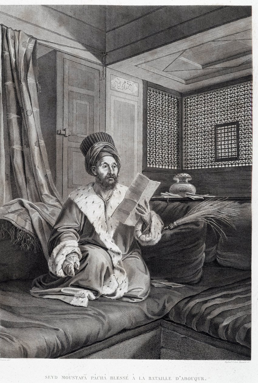 服装和肖像：Seyd Moustafa Pasha 在《埃及的描述》中在阿布基尔 (Aboukir) 战役中受伤，帝国出版社 作者 未知艺术家