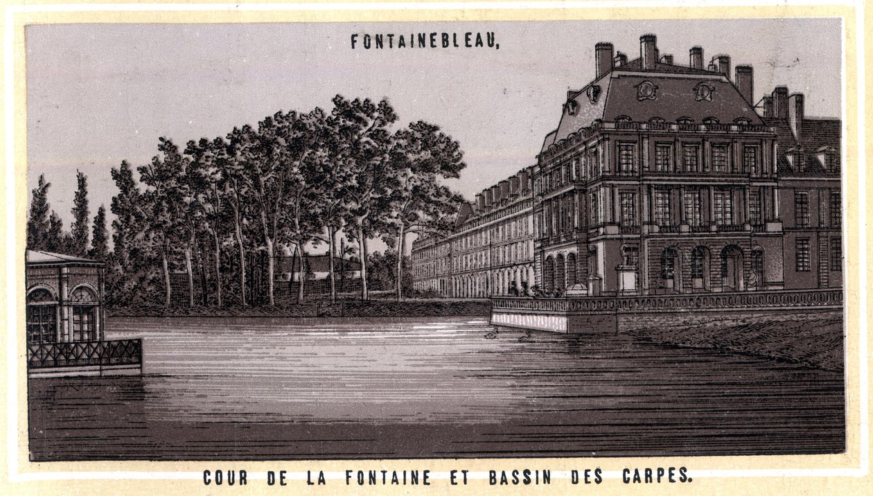 Cour de la fontaine et Basin des carpes de Fontainebleau (Seine and Marne, Ile-de-France Region, France).19世纪末的彩色石版画。 作者 未知艺术家