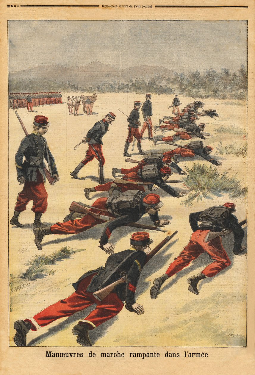 军队中的匍匐行走演习，试验新的棉条手镯，它可以保护手掌。1896年8月16日 "小杂志 "上的版画。塞尔瓦的收藏。 作者 未知艺术家